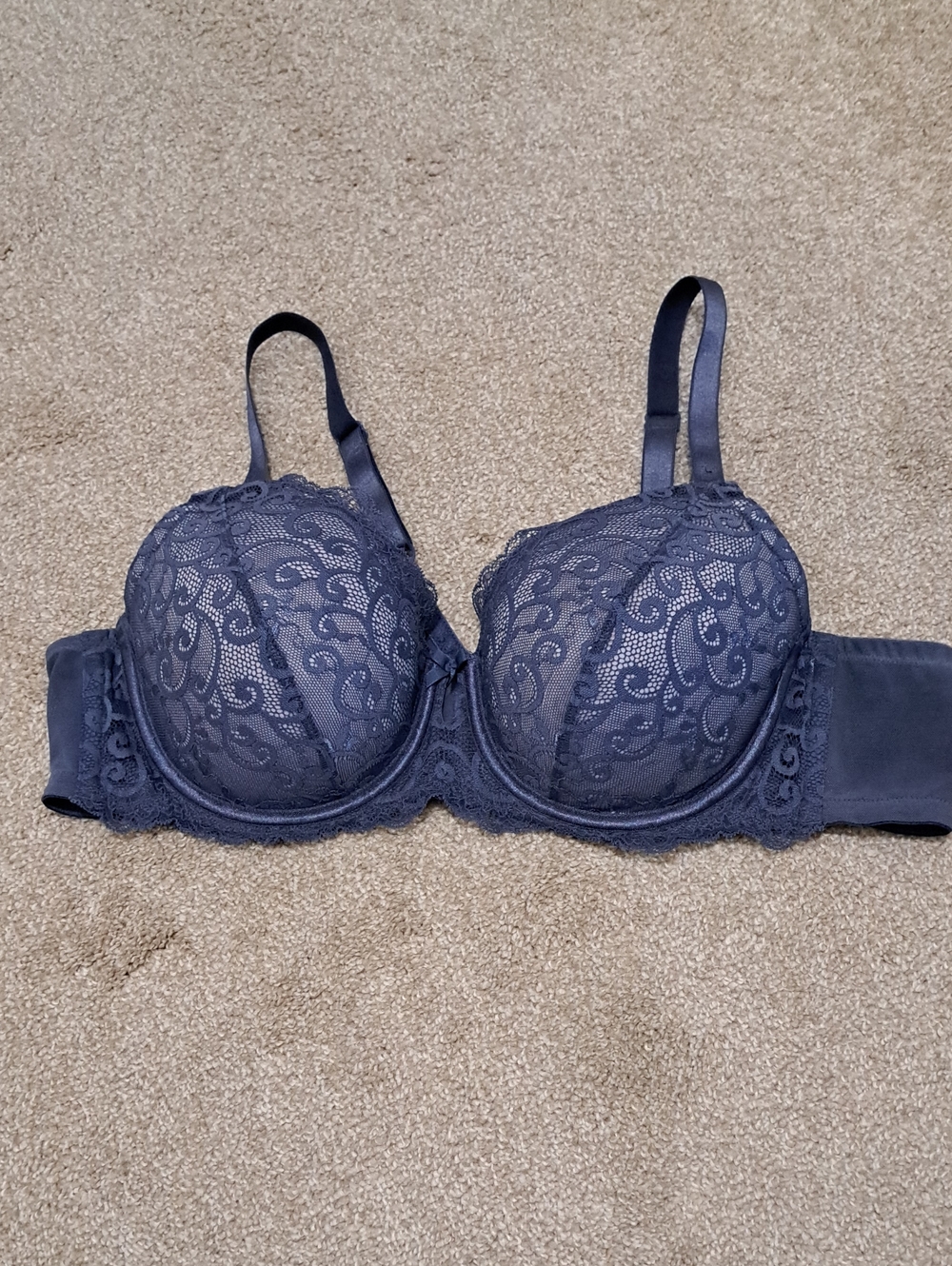 Deesse Lingerie Lace Overlay Bra Blue Size 44B Feminine Plus Size Underwire